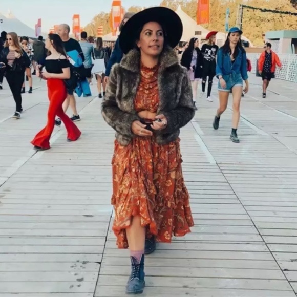 Rust Floral Bohemian Gypsy Ruffle Tier Maxi Skirt - Picture 3 of 8